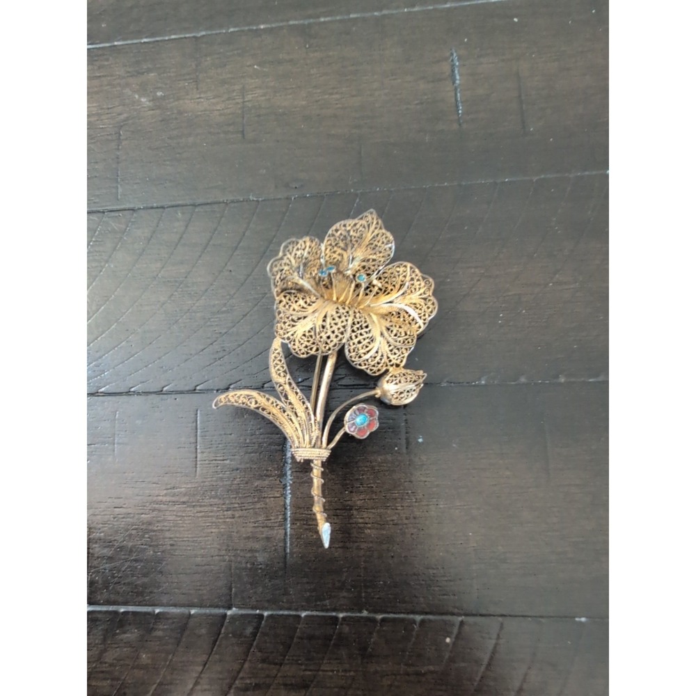 Vintage Marked VG PORTUGAL STERLING Lacy Spun Filigree 2 Inch FLOWER Pin Brooch